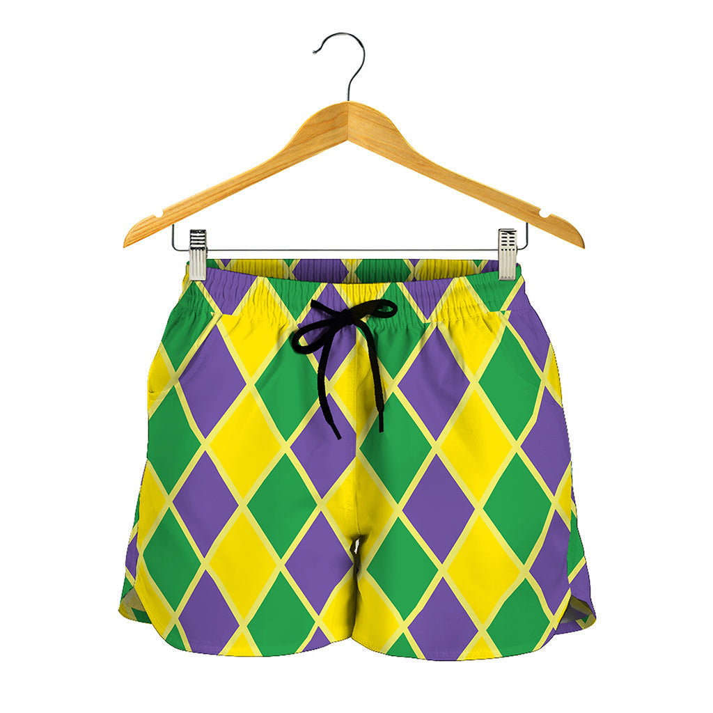 Purple Green And Yellow Mardi Gras Print Women's Shorts