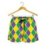 Purple Green And Yellow Mardi Gras Print Women's Shorts