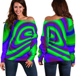 Purple Green Psychedelic Trippy Print Off Shoulder Sweatshirt GearFrost