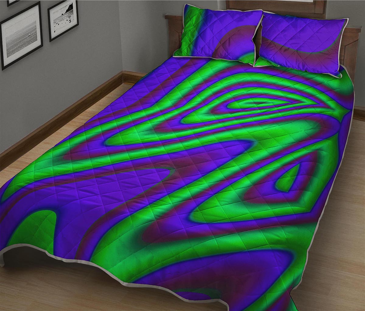 Purple Green Psychedelic Trippy Print Quilt Bed Set