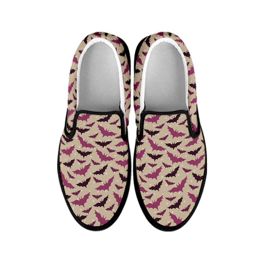 Purple Halloween Bat Pattern Print Black Slip On Shoes