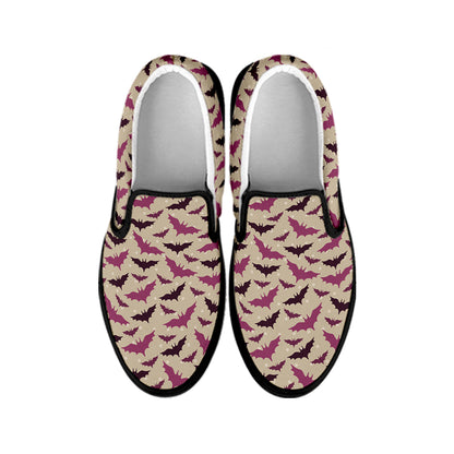 Purple Halloween Bat Pattern Print Black Slip On Shoes