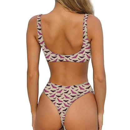 Purple Halloween Bat Pattern Print Front Bow Tie Bikini