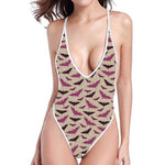 Purple Halloween Bat Pattern Print One Piece High Cut Swimsuit