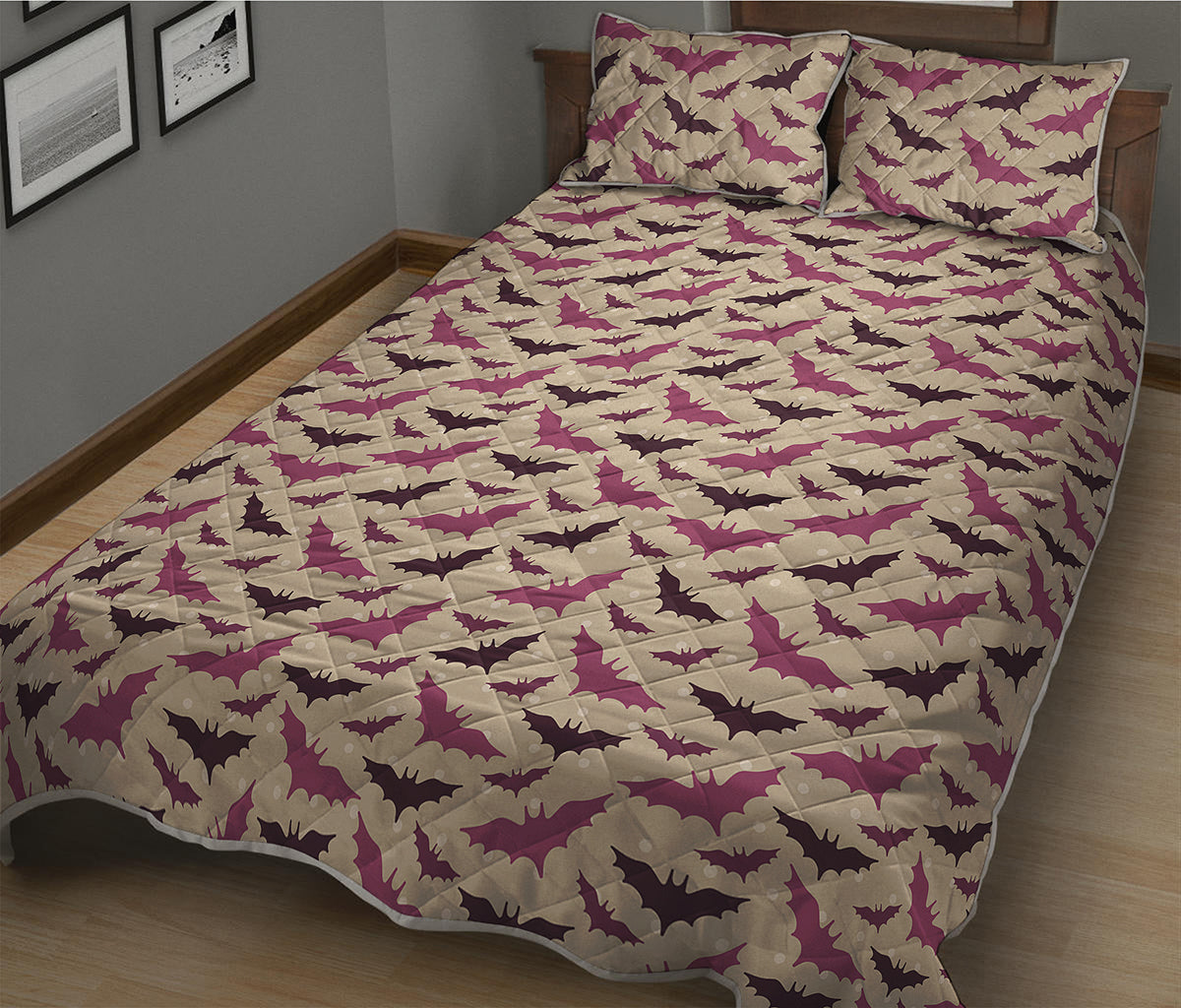 Purple Halloween Bat Pattern Print Quilt Bed Set