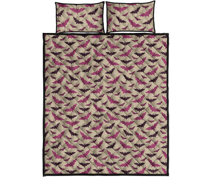 Purple Halloween Bat Pattern Print Quilt Bed Set
