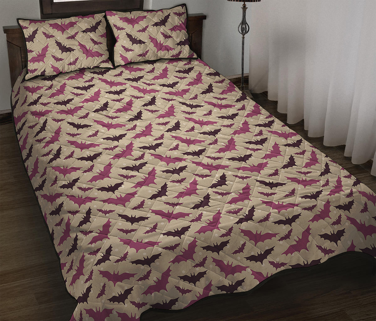 Purple Halloween Bat Pattern Print Quilt Bed Set