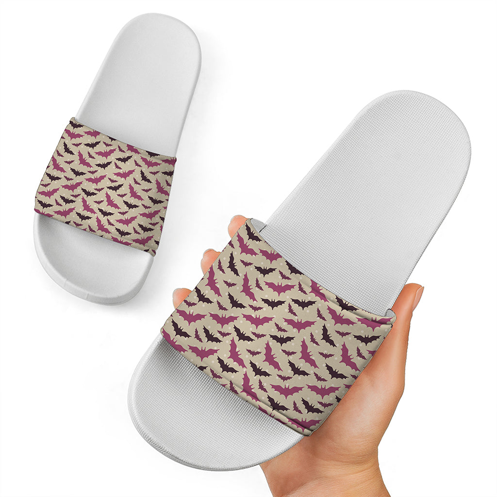 Purple Halloween Bat Pattern Print White Slide Sandals