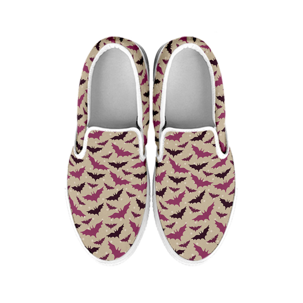 Purple Halloween Bat Pattern Print White Slip On Shoes