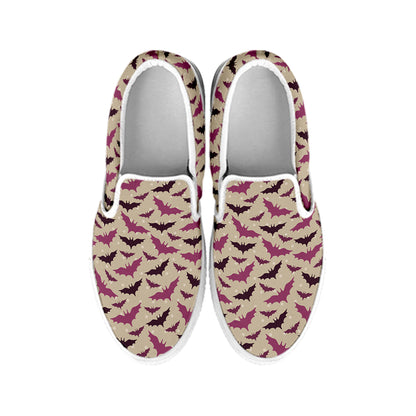Purple Halloween Bat Pattern Print White Slip On Shoes