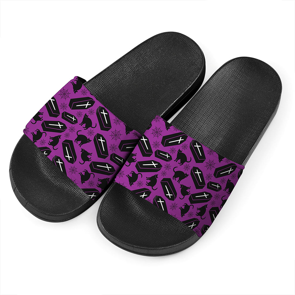 Purple Halloween Coffin Pattern Print Black Slide Sandals