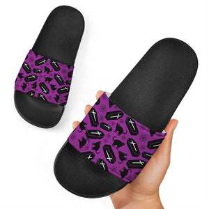 Purple Halloween Coffin Pattern Print Black Slide Sandals