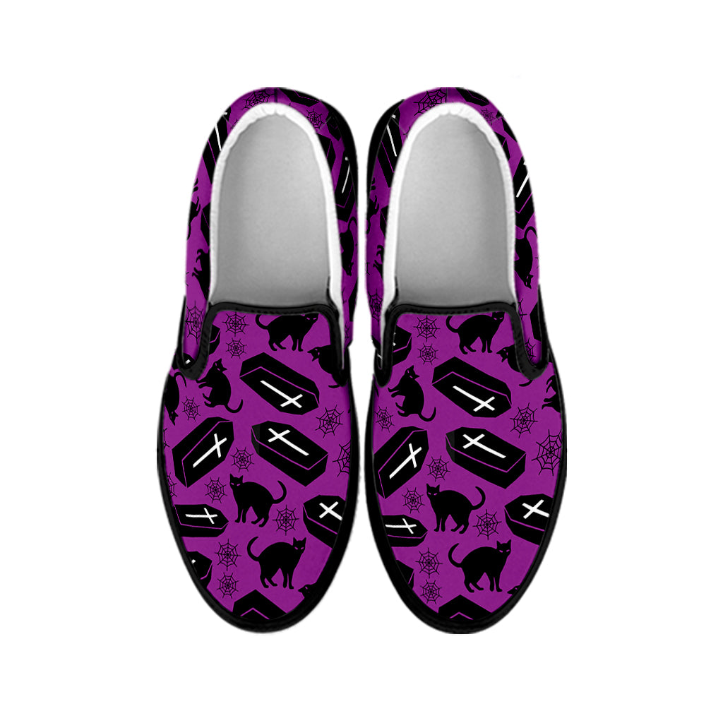 Purple Halloween Coffin Pattern Print Black Slip On Shoes