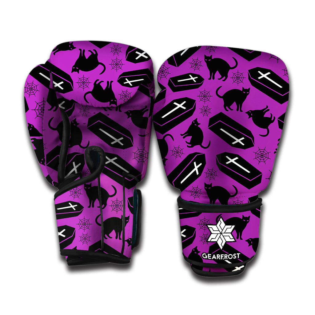 Purple Halloween Coffin Pattern Print Boxing Gloves