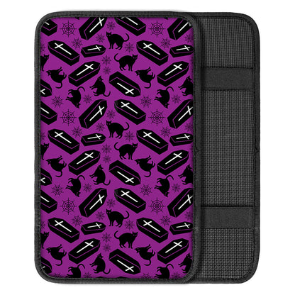 Purple Halloween Coffin Pattern Print Car Center Console Cover