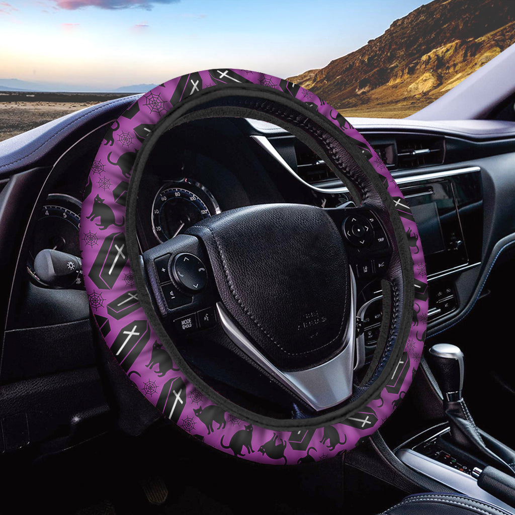 Purple Halloween Coffin Pattern Print Car Steering Wheel Cover