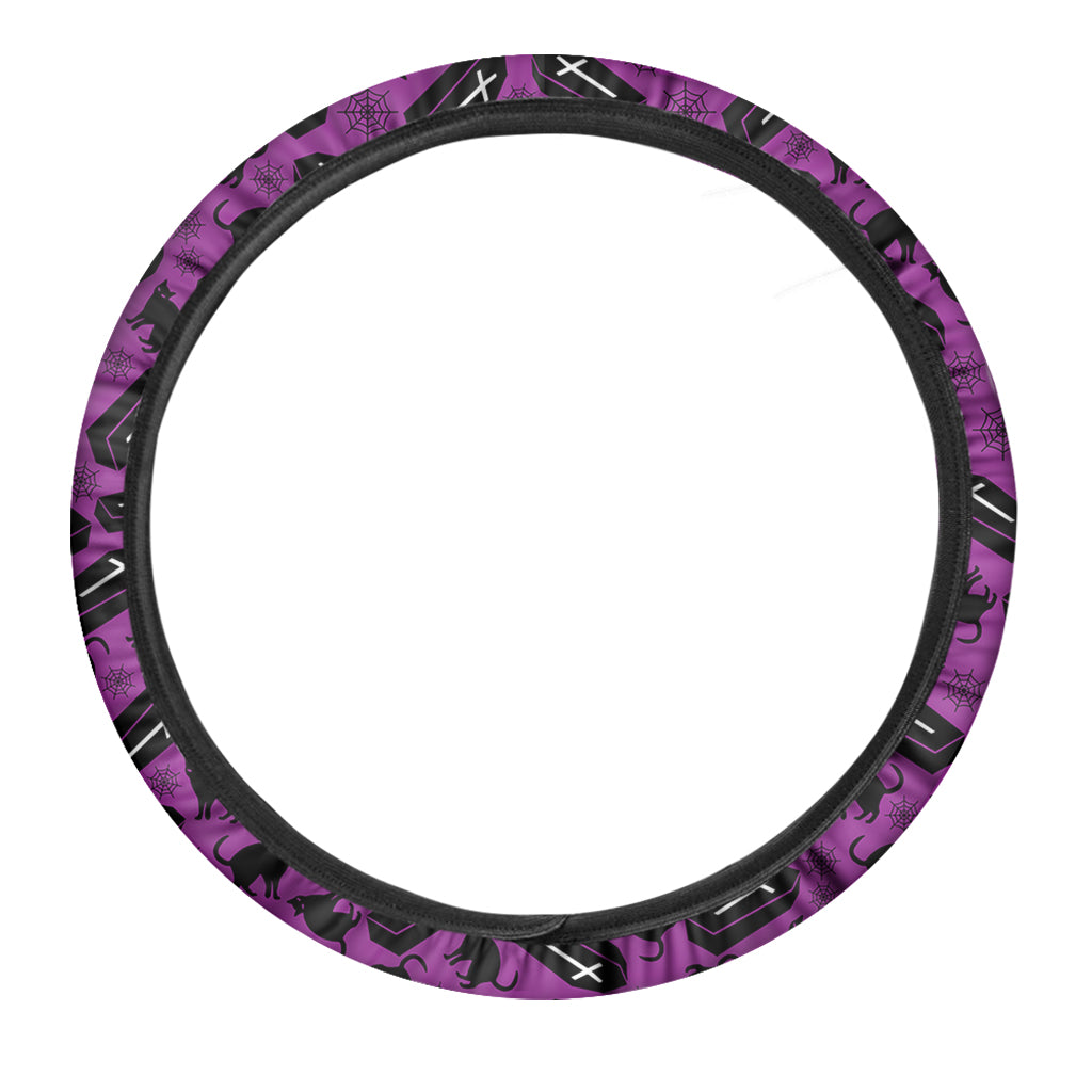 Purple Halloween Coffin Pattern Print Car Steering Wheel Cover