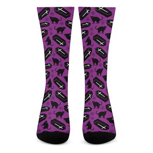 Purple Halloween Coffin Pattern Print Crew Socks