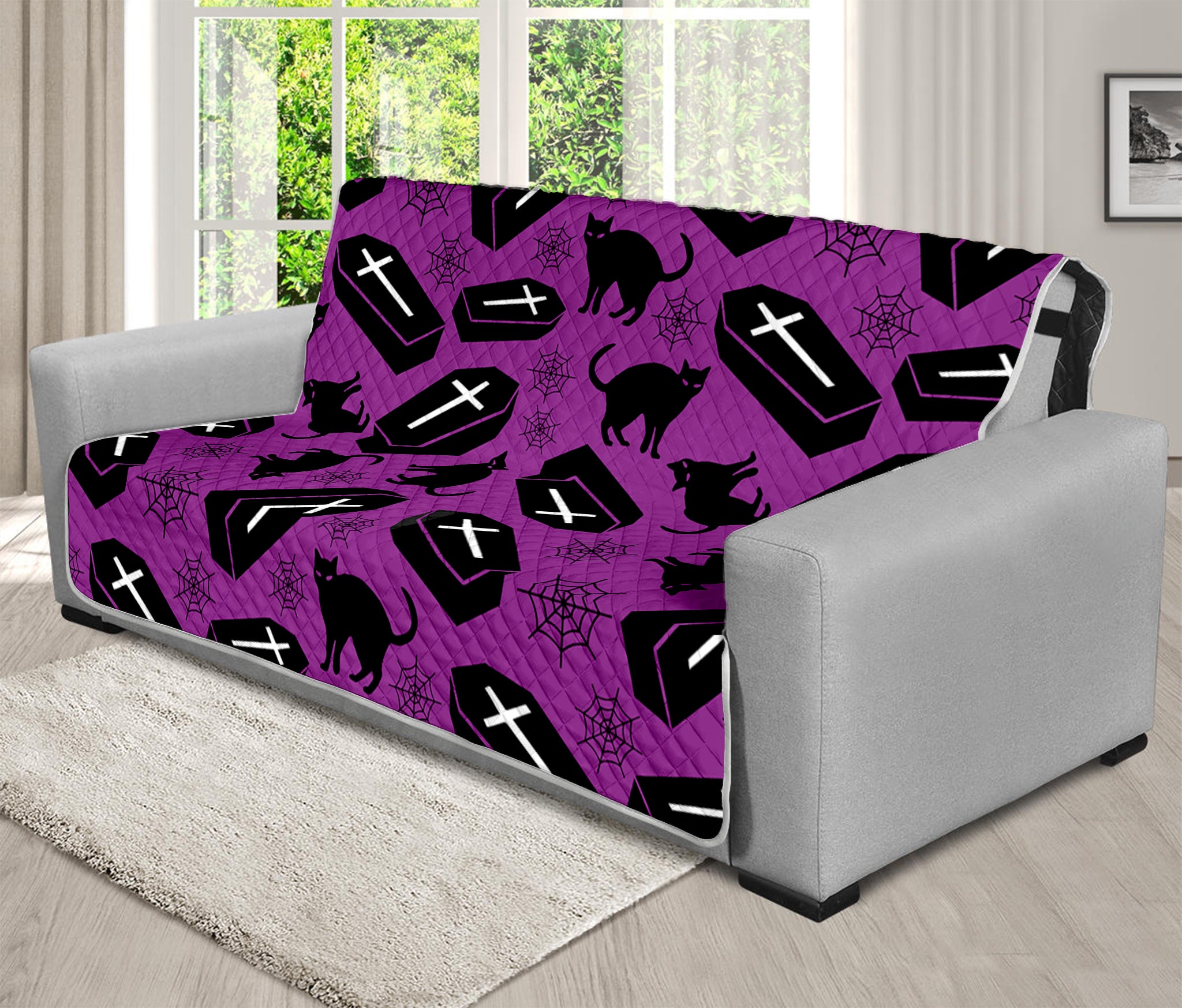 Purple Halloween Coffin Pattern Print Futon Protector