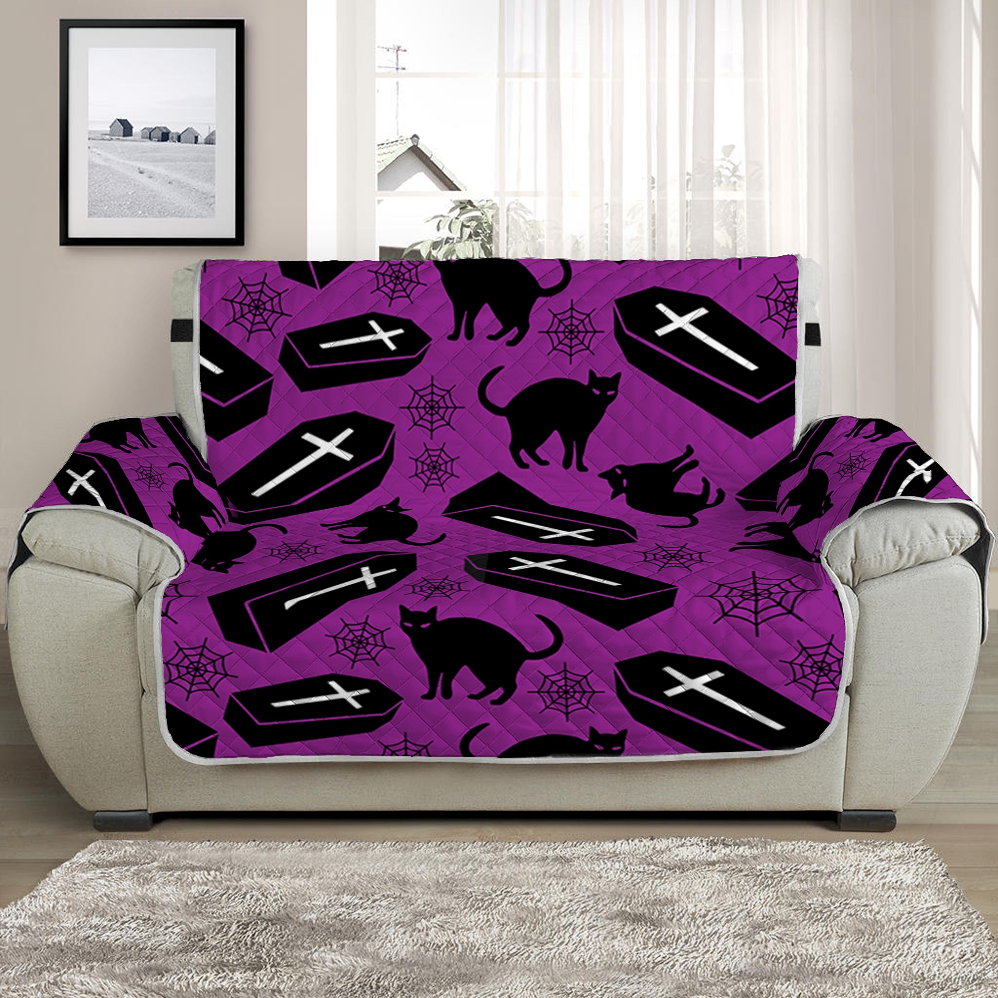 Purple Halloween Coffin Pattern Print Half Sofa Protector