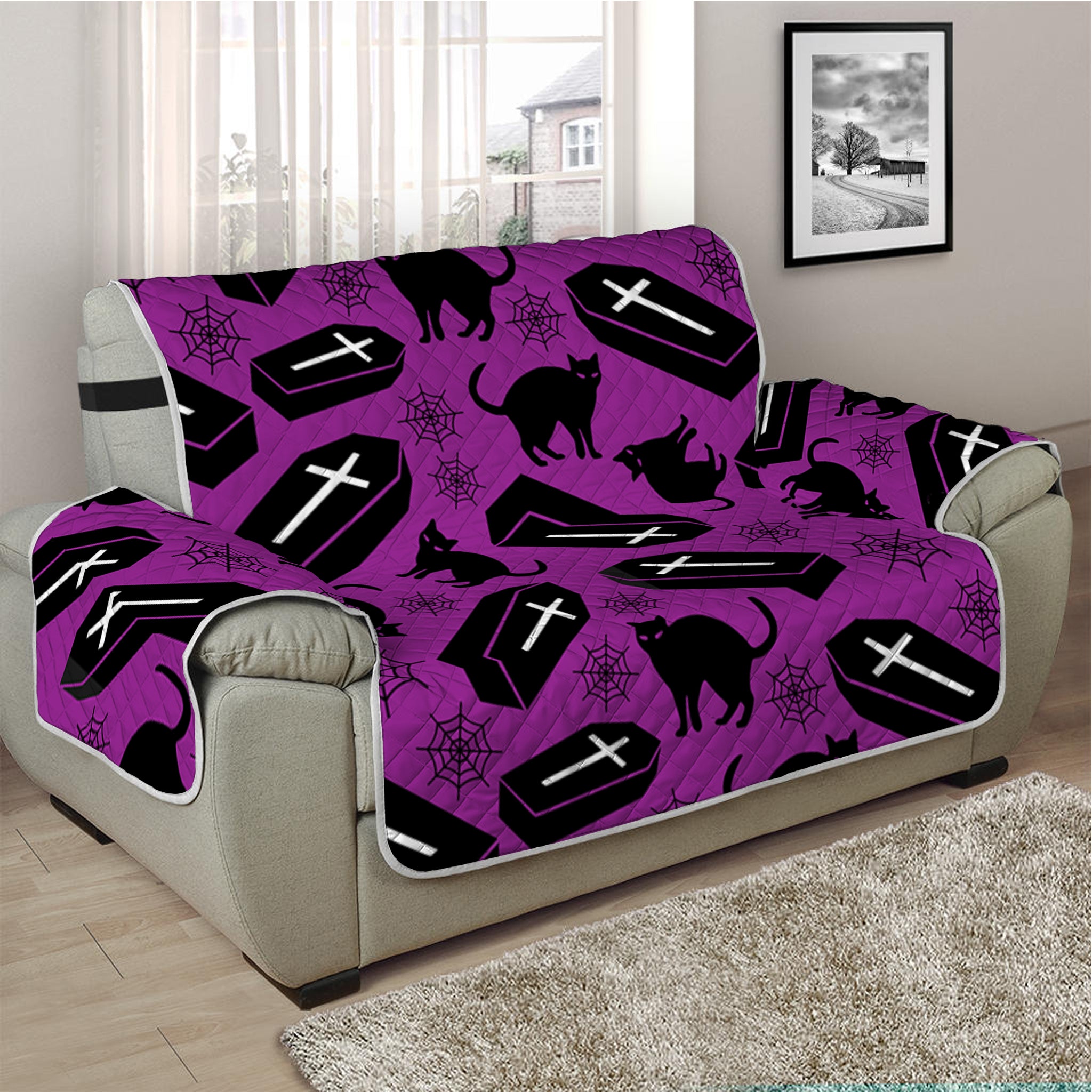 Purple Halloween Coffin Pattern Print Half Sofa Protector