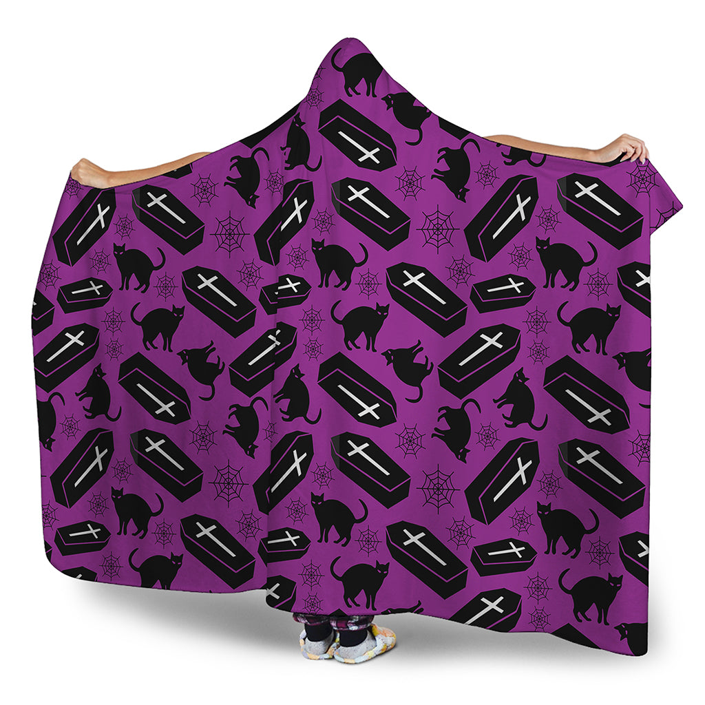 Purple Halloween Coffin Pattern Print Hooded Blanket