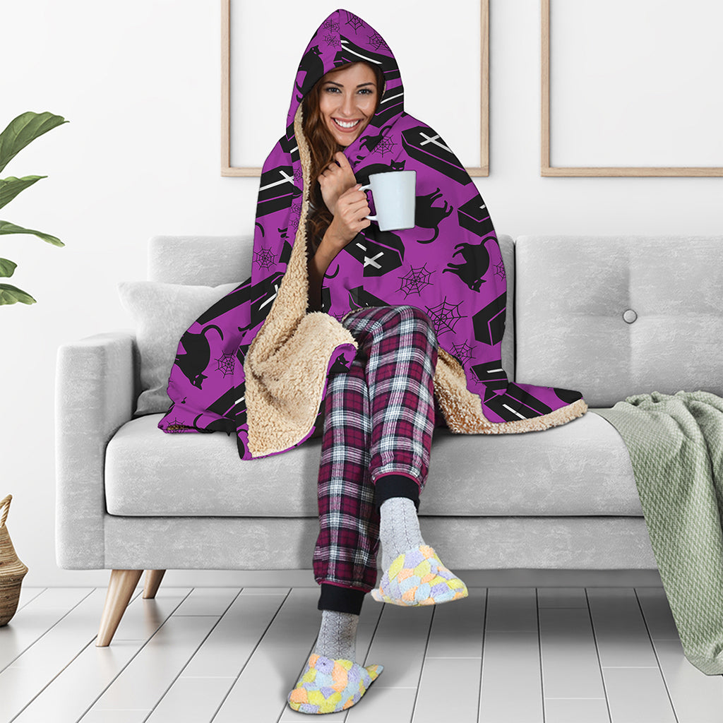 Purple Halloween Coffin Pattern Print Hooded Blanket