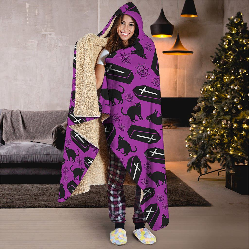 Purple Halloween Coffin Pattern Print Hooded Blanket