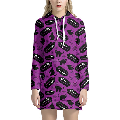Purple Halloween Coffin Pattern Print Hoodie Dress