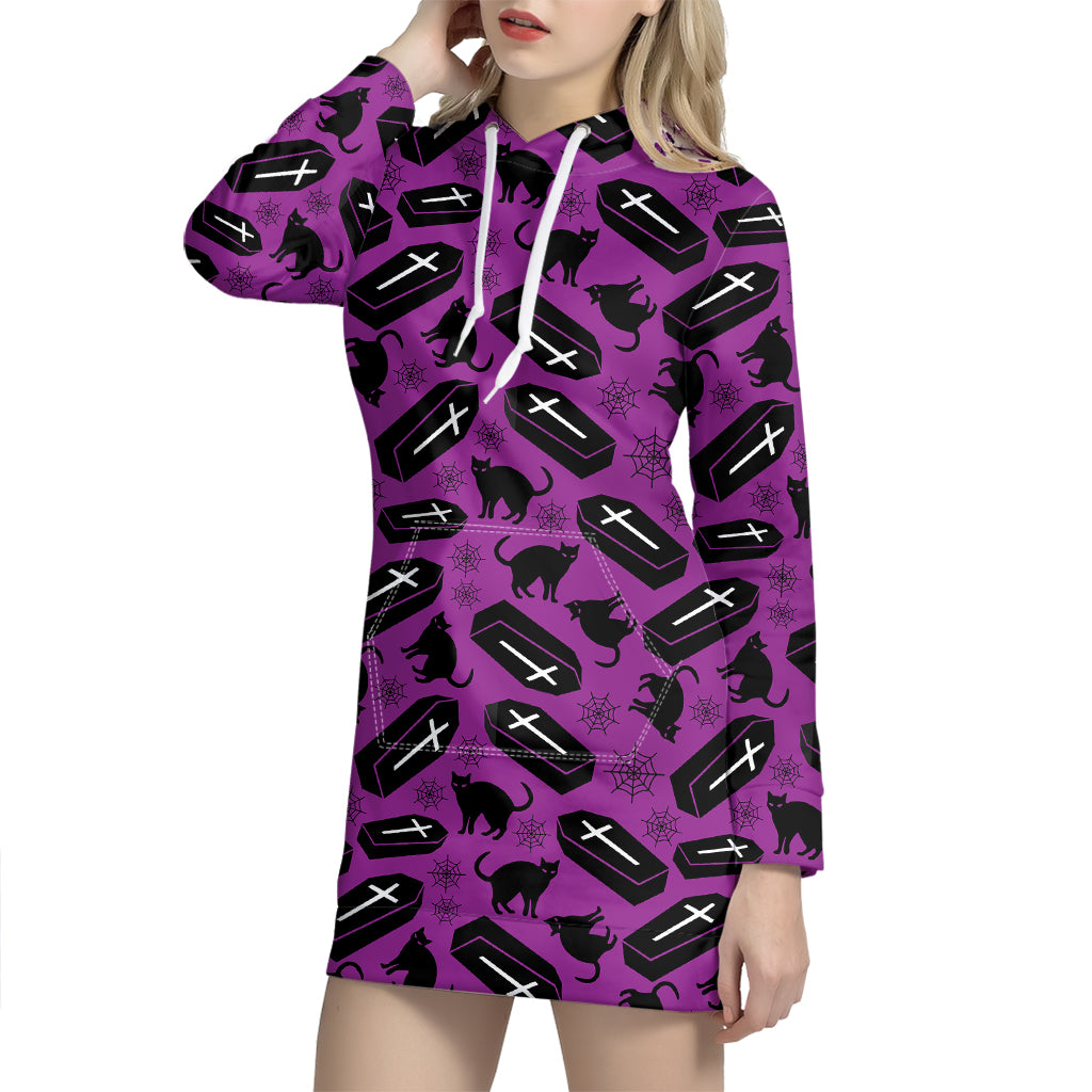 Purple Halloween Coffin Pattern Print Hoodie Dress