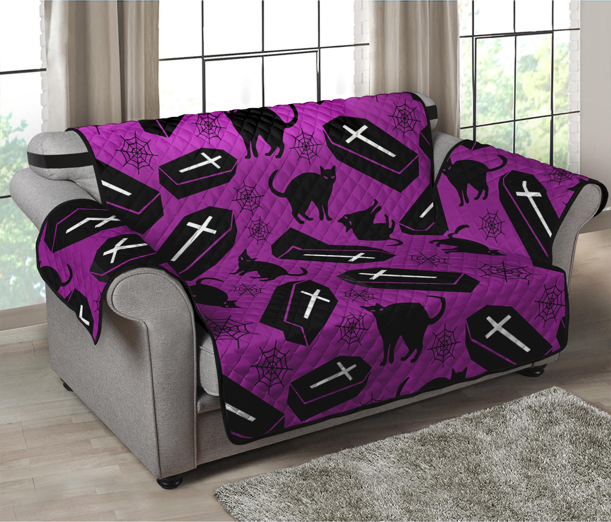 Purple Halloween Coffin Pattern Print Loveseat Protector