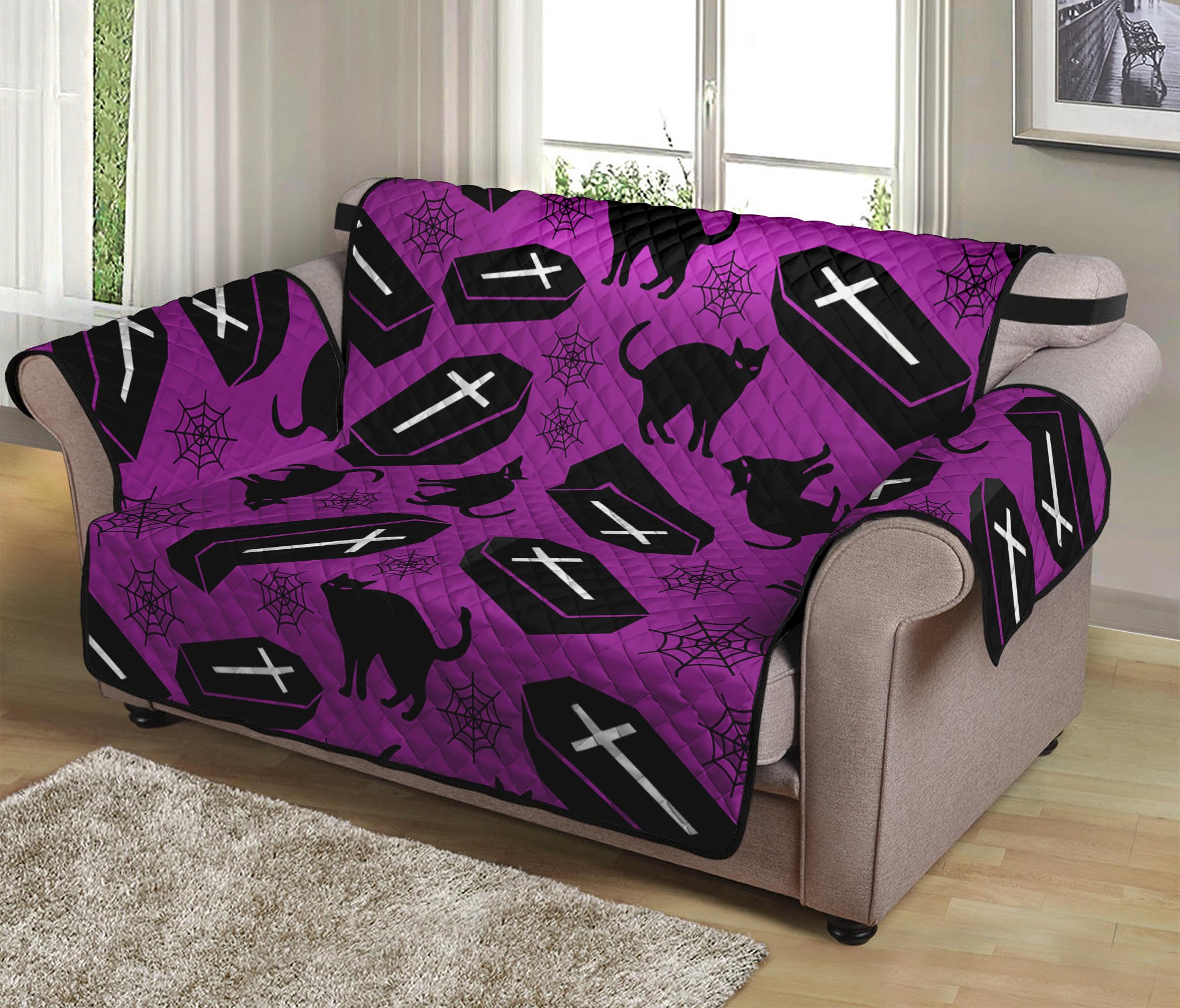 Purple Halloween Coffin Pattern Print Loveseat Protector