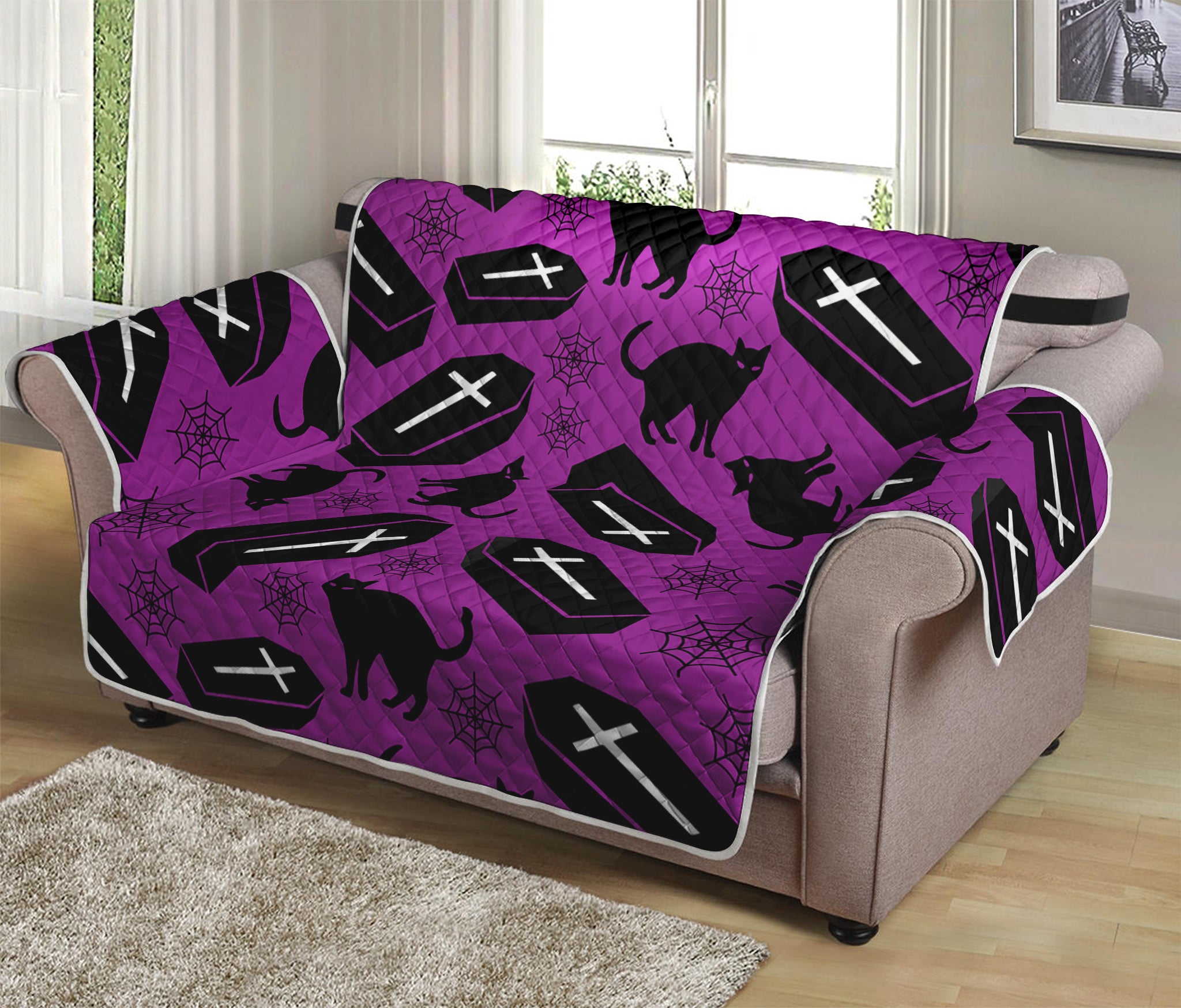 Purple Halloween Coffin Pattern Print Loveseat Protector