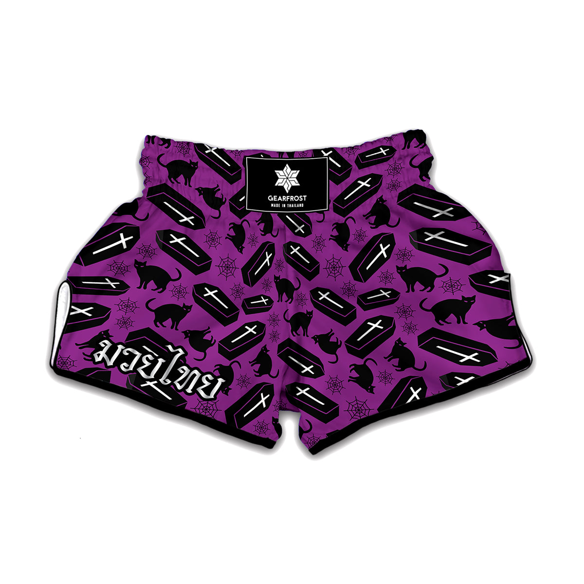 Purple Halloween Coffin Pattern Print Muay Thai Boxing Shorts