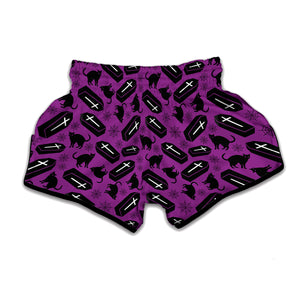 Purple Halloween Coffin Pattern Print Muay Thai Boxing Shorts