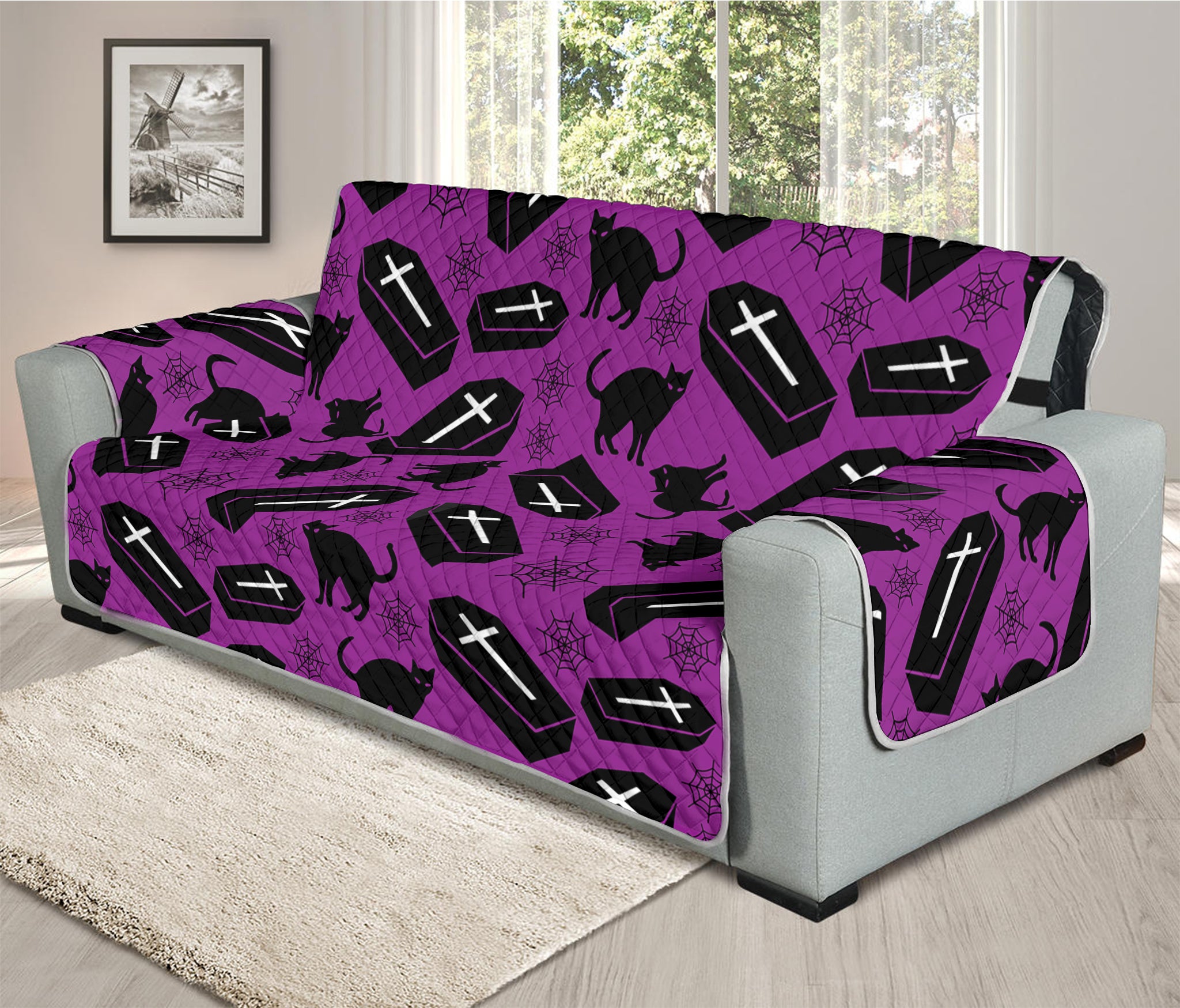 Purple Halloween Coffin Pattern Print Oversized Sofa Protector