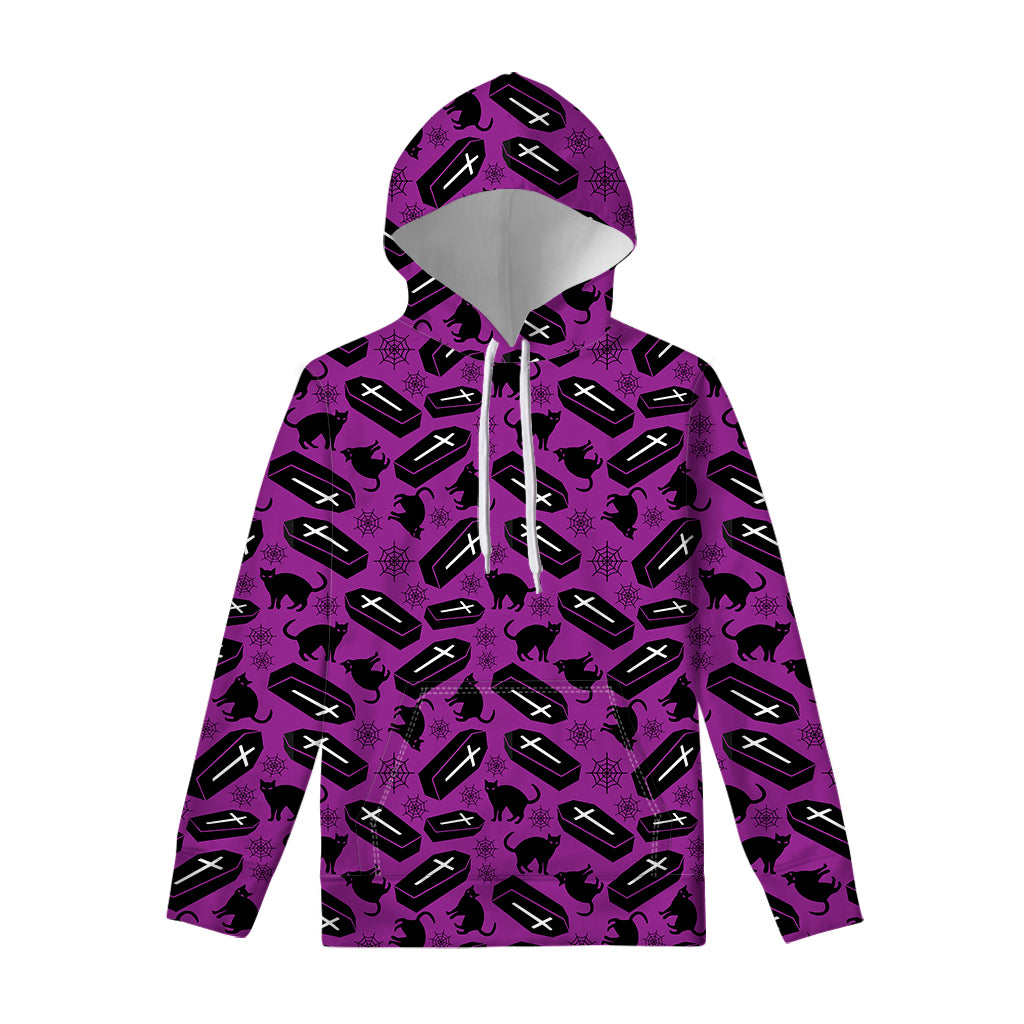 Purple Halloween Coffin Pattern Print Pullover Hoodie