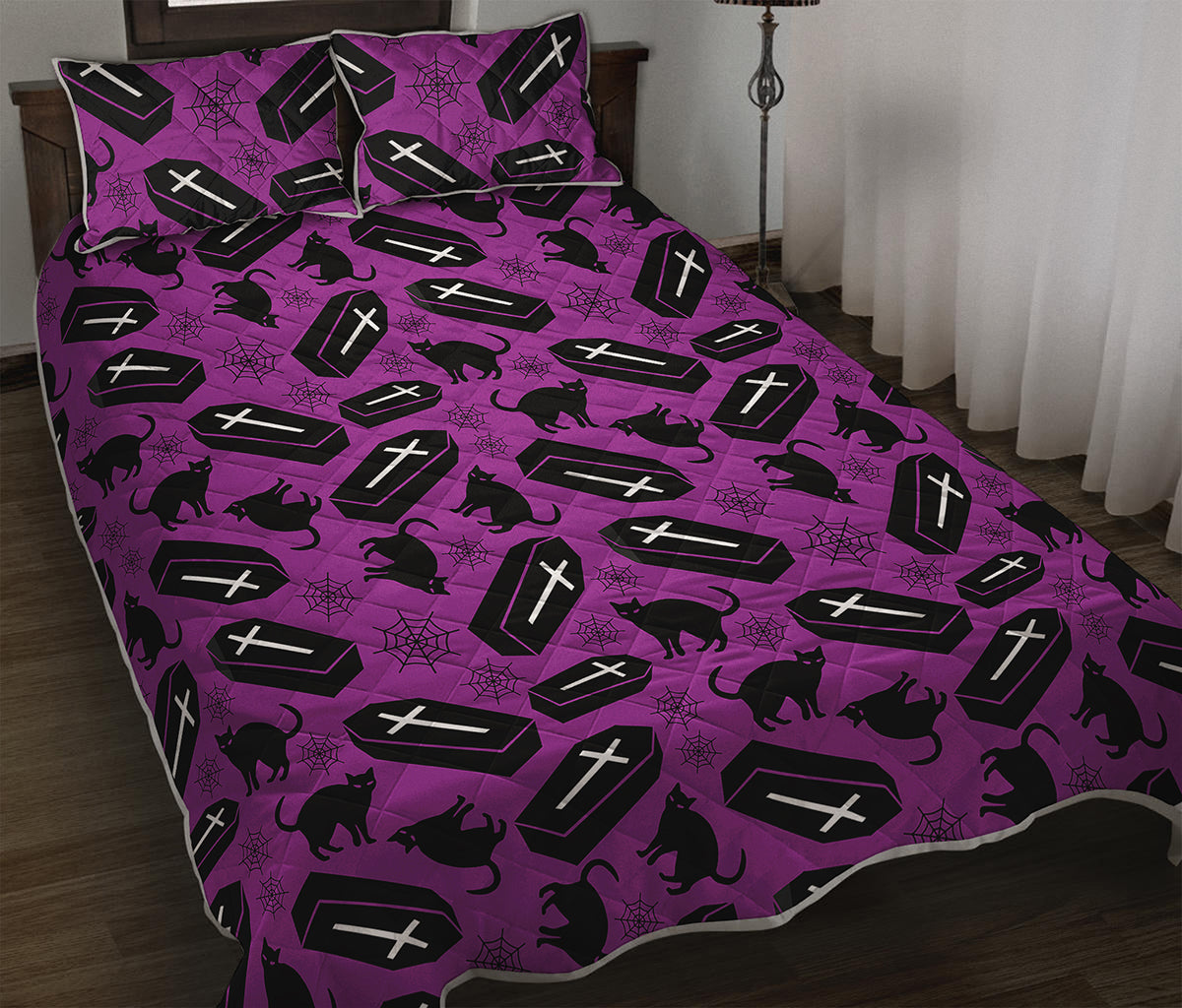 Purple Halloween Coffin Pattern Print Quilt Bed Set