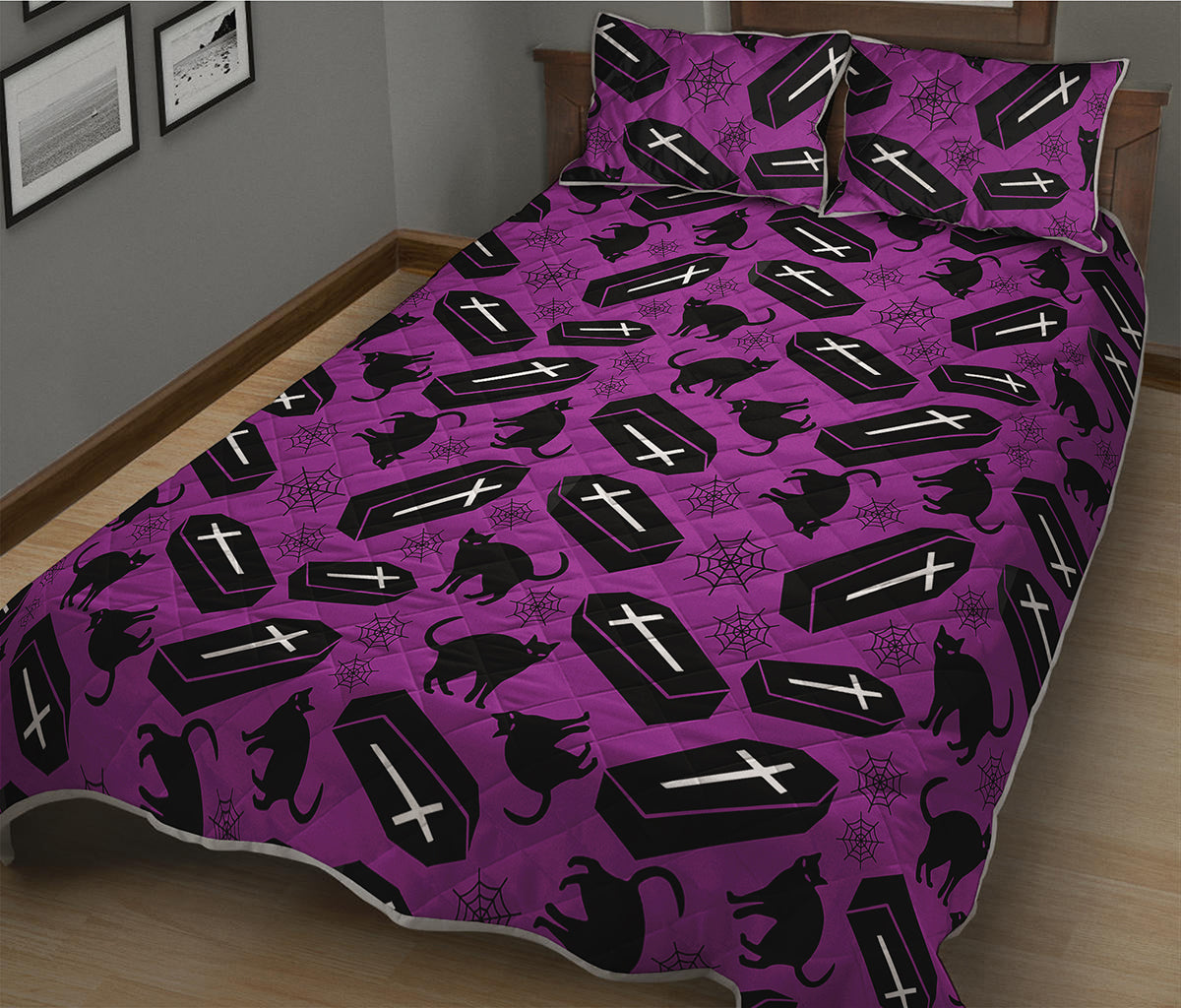 Purple Halloween Coffin Pattern Print Quilt Bed Set