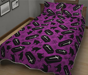 Purple Halloween Coffin Pattern Print Quilt Bed Set