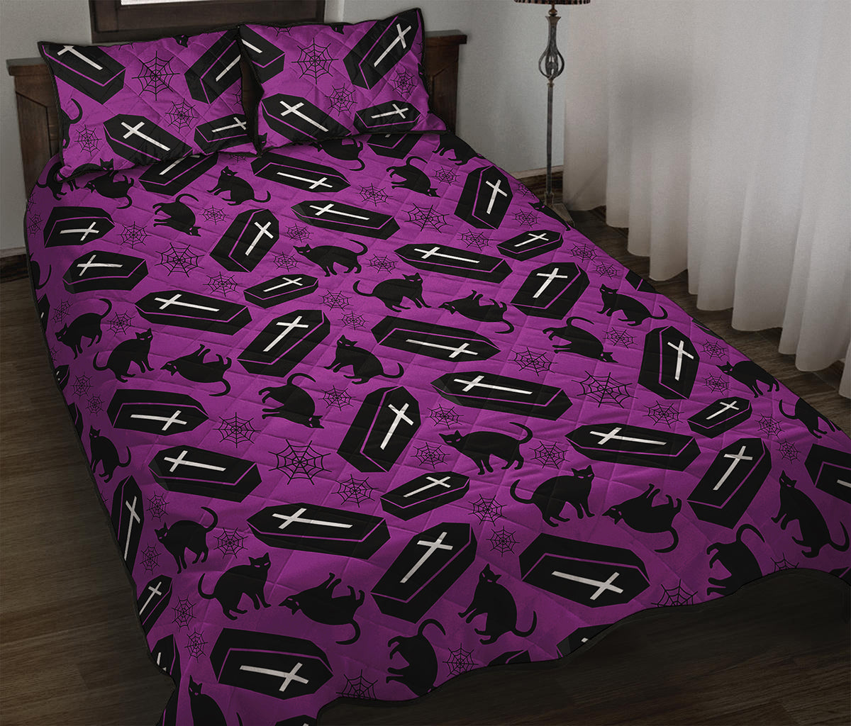 Purple Halloween Coffin Pattern Print Quilt Bed Set