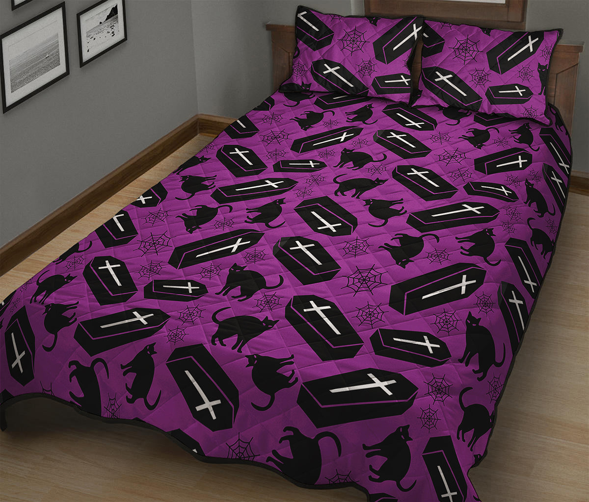 Purple Halloween Coffin Pattern Print Quilt Bed Set