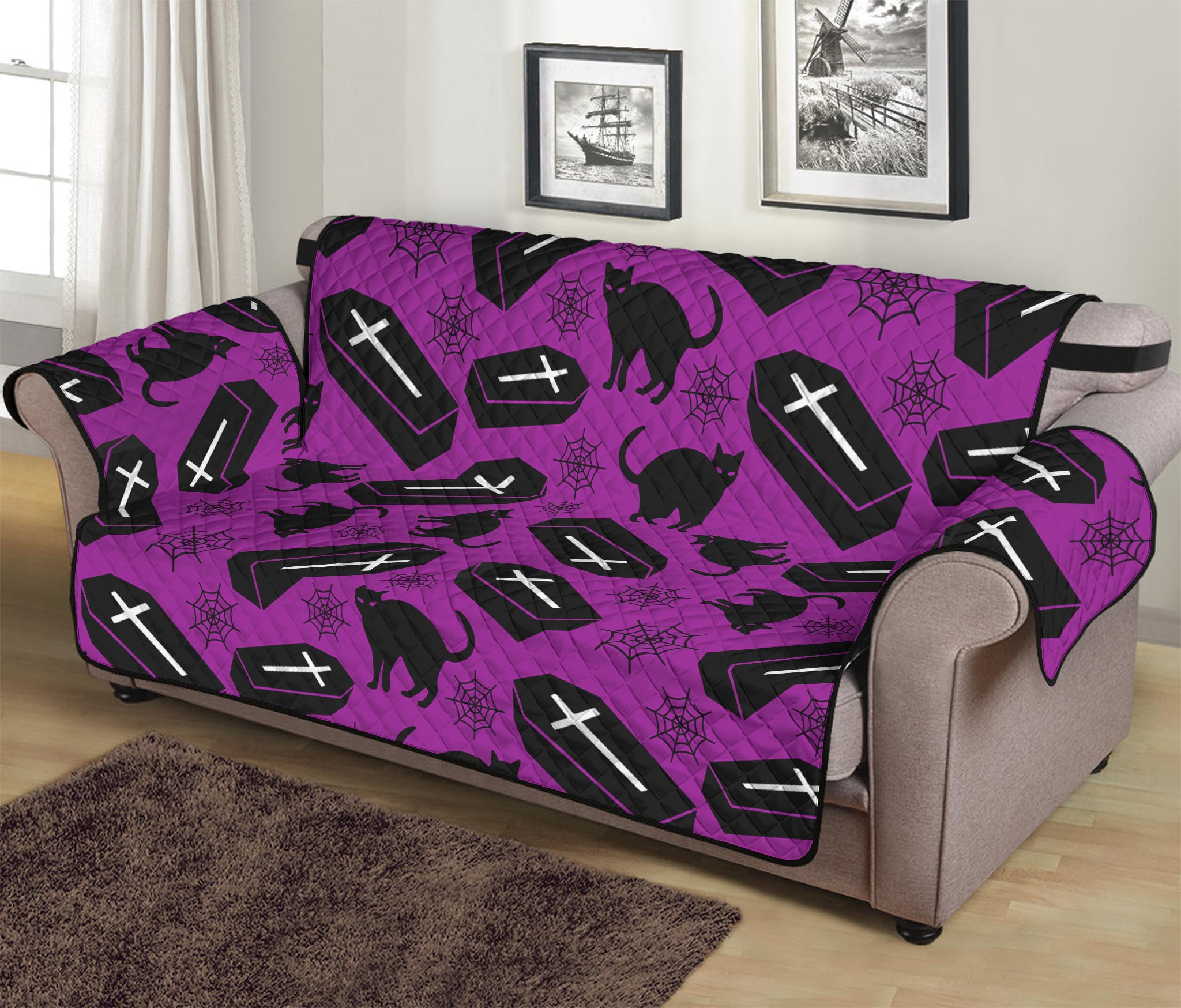 Purple Halloween Coffin Pattern Print Sofa Protector