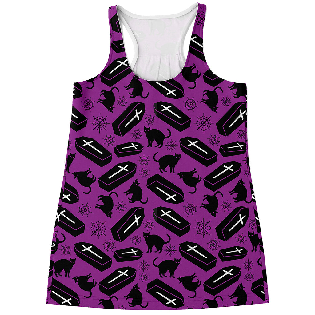 Purple Halloween Coffin Pattern Print Women's Racerback Tank Top