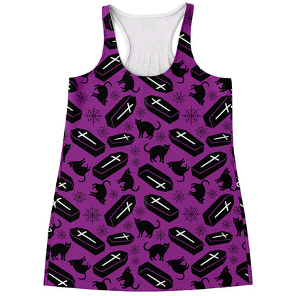 Purple Halloween Coffin Pattern Print Women's Racerback Tank Top