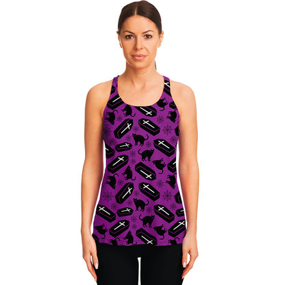 Purple Halloween Coffin Pattern Print Women's Racerback Tank Top