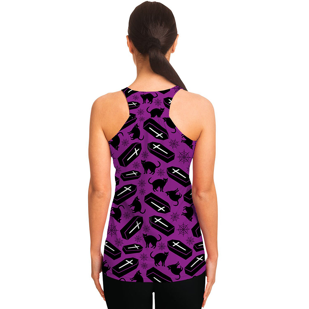 Purple Halloween Coffin Pattern Print Women's Racerback Tank Top