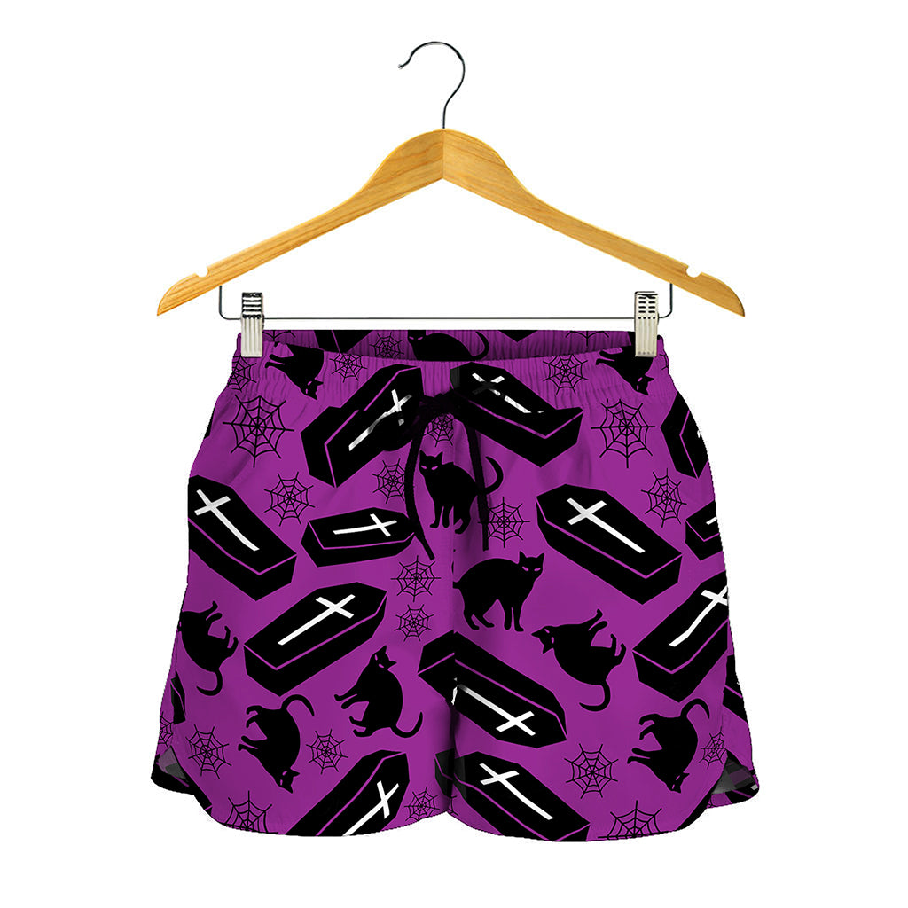 Purple Halloween Coffin Pattern Print Women's Shorts