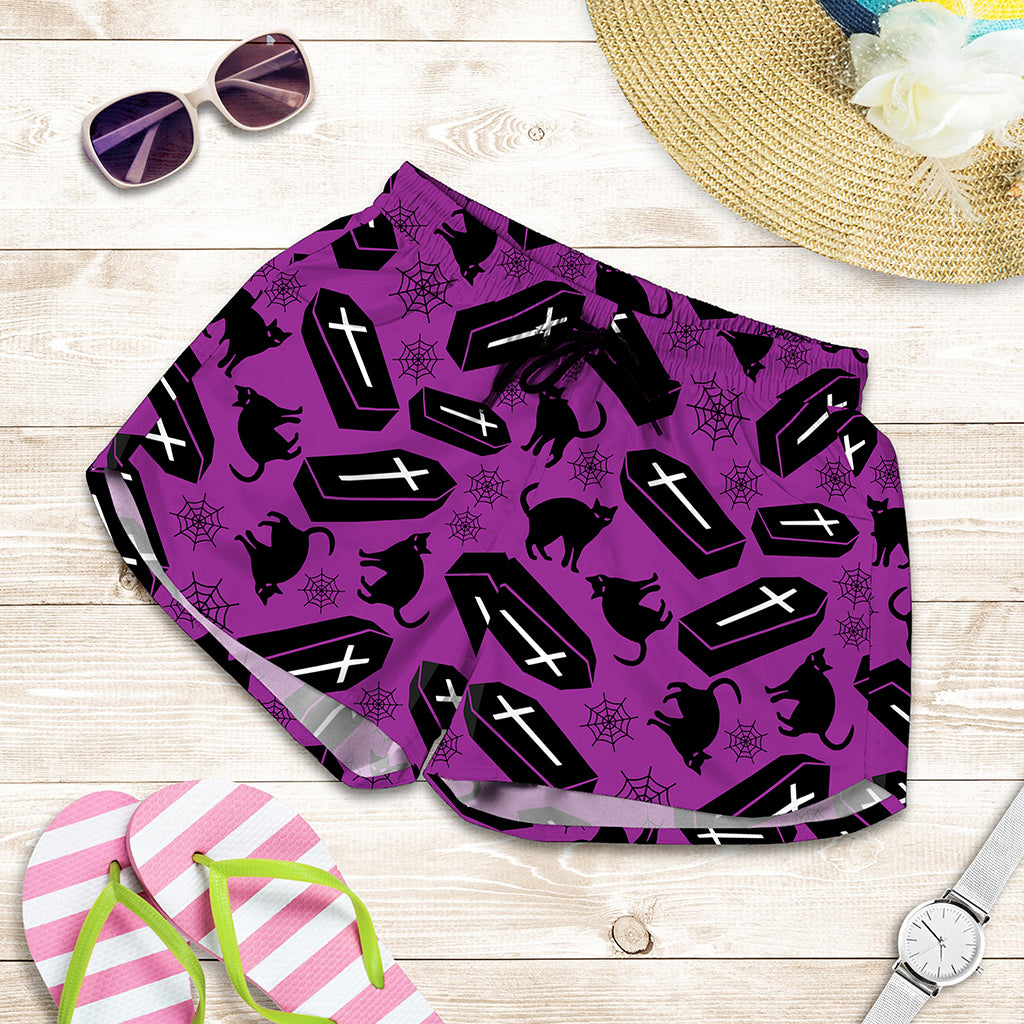 Purple Halloween Coffin Pattern Print Women's Shorts