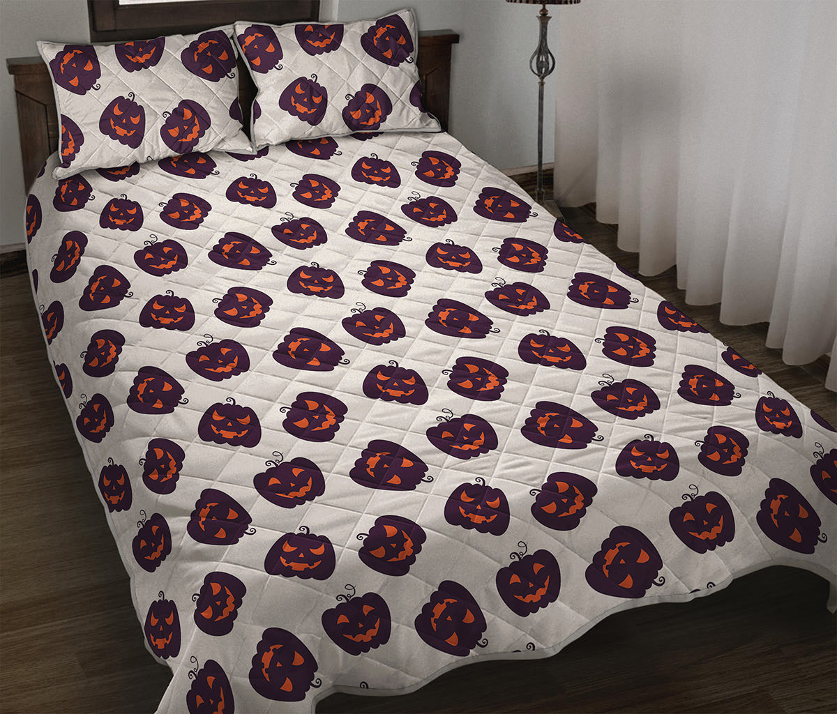 Purple Halloween Pumpkin Pattern Print Quilt Bed Set